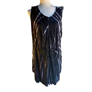 Sleeveless Black Midi Dress with Abstract White Stripe Pattern